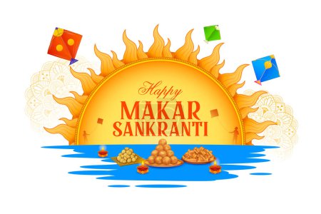 Téléchargez les illustrations : Illustration de Makar Sankranti papier peint avec cerf-volant coloré pour le festival de l'Inde - en licence libre de droit