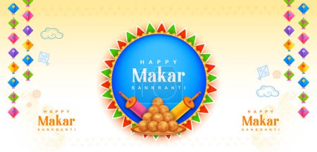 Illustration for Illustration of Makar Sankranti wallpaper with colorful kite for festival of India - Royalty Free Image