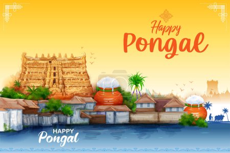 Téléchargez les illustrations : Illustration de Happy Pongal Fête de la Récolte des Fêtes du Tamil Nadu en Inde du Sud - en licence libre de droit