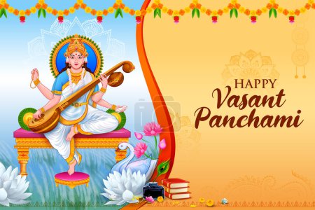 Illustration for Illustration of Goddess of Wisdom Saraswati for Vasant Panchami India festival background - Royalty Free Image