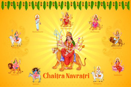 Illustration for Illustration of Goddess Navadurga nine Devi for the celebration of Chaitra Navratri festival - Royalty Free Image