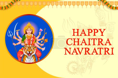 Ilustración de Ilustración de Diosa Sherawali Maa en Happy Durga Puja Fondo del festival religioso indio con saludos hindi que significan Chaitra Navratri - Imagen libre de derechos
