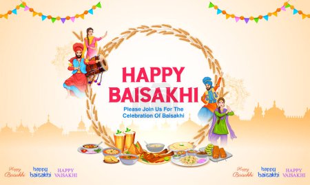 Illustration for Illustration of Happy Vaisakhi Punjabi spring harvest festival of Sikh celebration background - Royalty Free Image
