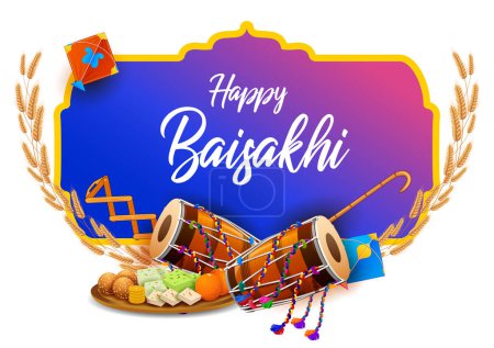 Téléchargez les illustrations : Illustration de Happy Vaisakhi Punjabi fête de la récolte de printemps de fond de célébration sikhe - en licence libre de droit
