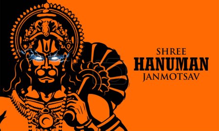 Ilustración de Ilustración de Lord Hanuman con texto hindi que significa Hanuman Jayanti Janmotsav celebración de fondo para la fiesta religiosa de la India - Imagen libre de derechos