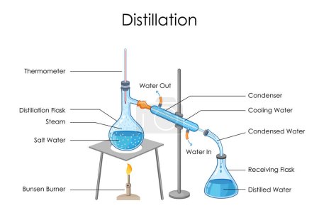 Téléchargez les illustrations : Illustration du diagramme éducatif montrant le concept de physique et de chimie du processus de distillation - en licence libre de droit