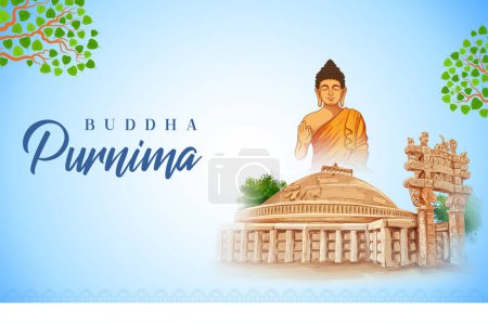 Illustration for Illustration of Lord Buddha in meditation under Bodhi Tree for Buddhist festival Happy Buddha Purnima Vesak - Royalty Free Image