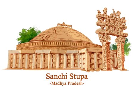 Téléchargez les illustrations : Illustration de Sanchi Stupa un bouddhiste comple dans le district de Raisen de l'État du Madhya Pradesh, Inde - en licence libre de droit