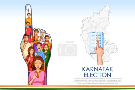 Téléchargez les illustrations : Illustration de différentes personnes montrant un doigt de vote pour les élections à l'Assemblée législative du Karnataka - en licence libre de droit