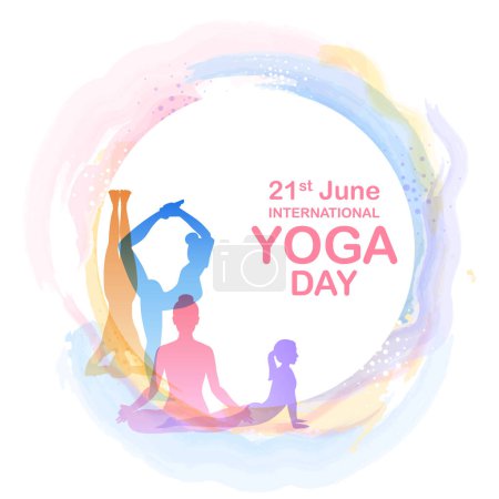 Ilustración de Ilustración de personas haciendo asana y práctica de meditación para el Día Internacional del Yoga el 21 de junio - Imagen libre de derechos