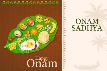 Téléchargez les illustrations : Illustration de la fête de Sadya sur feuille de banane en arrière-plan de célébration pour Happy Onam festival de l'Inde du Sud Kerala - en licence libre de droit