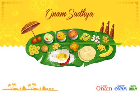 Illustration des Sadya-Festes auf Bananenblatt im Hintergrund zur Feier des Happy Onam-Festes in Südindien Kerala