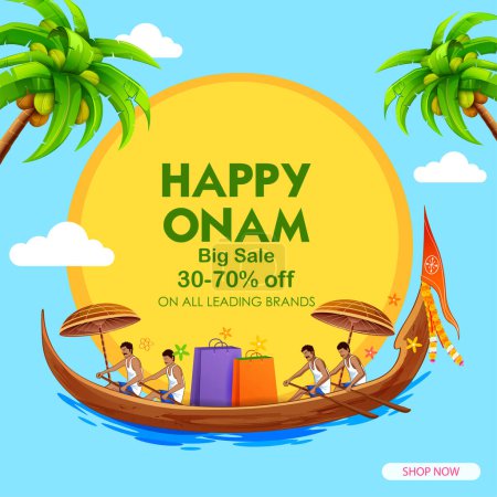 Téléchargez les illustrations : Illustration de la course de bateau de serpent dans le fond de célébration Onam pour le festival Happy Onam de l'Inde du Sud Kerala - en licence libre de droit