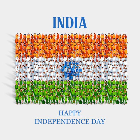 Illustration for Illustration of group of people crowd forming tricolor banner with Indian flag for 15th August Happy Independence Day of India - Royalty Free Image