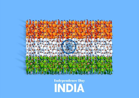 Téléchargez les illustrations : Illustration de la foule du groupe de personnes formant bannière tricolore avec drapeau indien pour le 15 août Happy Independence Day of India - en licence libre de droit