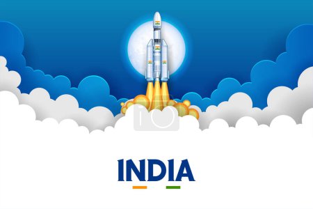 Ilustración de Ilustración de la misión de cohetes Chandrayaan lanzada por la India con bandera tricolor india - Imagen libre de derechos