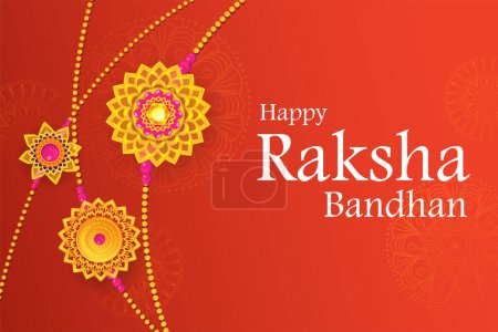 Ilustración de Ilustración de la tarjeta de felicitación y el estandarte de la plantilla para el anuncio de la promoción de ventas con Rakhi decorativo para Raksha Bandhan, festival indio para la celebración del vínculo entre hermano y hermana - Imagen libre de derechos