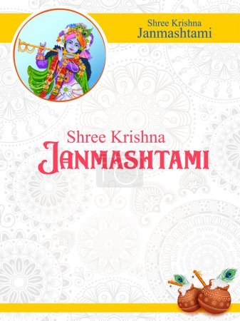 Téléchargez les illustrations : Illustration du Seigneur Krishna jouant de la flûte dans Happy Janmashtami fond du festival de l'Inde - en licence libre de droit