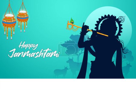 Téléchargez les illustrations : Illustration du Seigneur Krishna jouant de la flûte dans Happy Janmashtami fond du festival de l'Inde - en licence libre de droit
