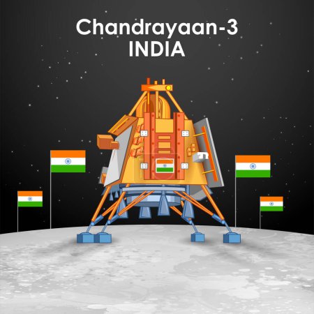 Illustration der indischen Raketenmission Chandrayaan 3 zur Erkundung des Mondes mit Lander Vikram und Rover Pragyan