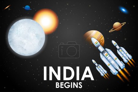 Illustration for Illustration of Chandrayaan 3 rocket mission launched by India for lunar exploration missionwith lander Vikram and rover Pragyan - Royalty Free Image