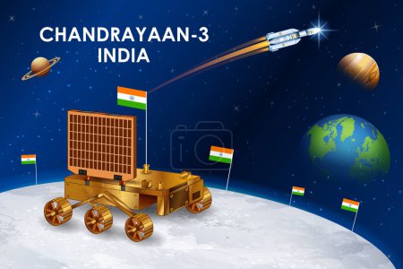 Téléchargez les illustrations : Illustration de la mission Chandrayaan 3 lancée par l'Inde pour une mission d'exploration lunaire avec l'atterrisseur Vikram et le rover Pragyan - en licence libre de droit
