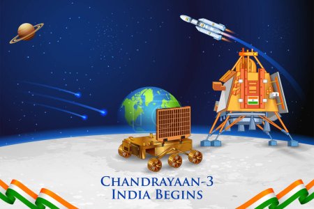 Ilustración de Ilustración de la misión de cohetes Chandrayaan 3 lanzada por la India para la misión de exploración lunar con el módulo de aterrizaje Vikram y rover Pragyan - Imagen libre de derechos