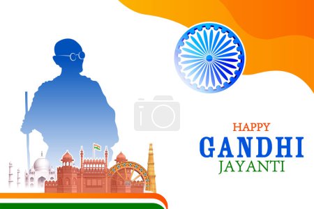 Ilustración de Ilustración del trasfondo de la India con el héroe de la nación y luchador de la libertad Mahatma Gandhi popularmente conocido como Bapu para el 2 de octubre Gandhi Jayanti - Imagen libre de derechos