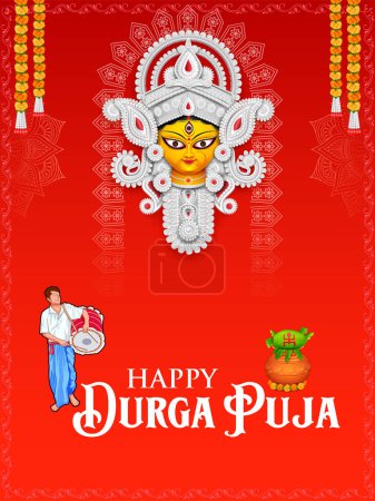 Ilustración de Illustration of Goddess Durga Face in Happy Durga Puja Subh Navratri Indian religious festival background - Imagen libre de derechos