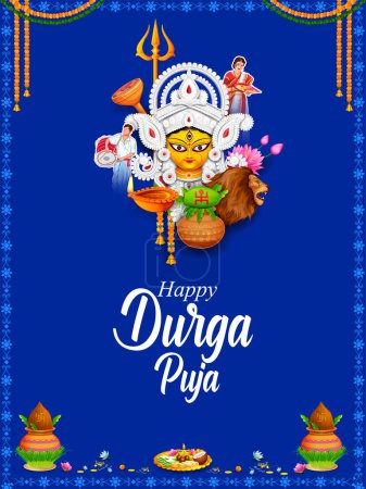 Téléchargez les illustrations : Illustration of Goddess Durga Face in Happy Durga Puja Subh Navratri Indian religious festival background - en licence libre de droit