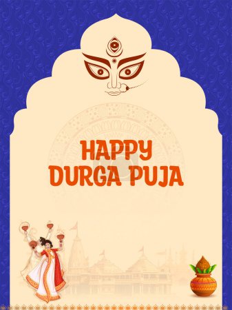 Téléchargez les illustrations : Illustration of couple performing Dhunchi dance in Happy Durga Puja Subh Navratri Indian religious header banner background - en licence libre de droit