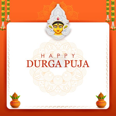 Téléchargez les illustrations : Illustration of Goddess Durga Face in Happy Durga Puja Subh Navratri Indian religious festival background - en licence libre de droit