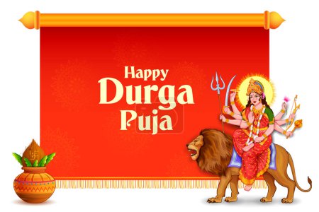 Téléchargez les illustrations : Illustration of Goddess Sherawali Maa in Happy Durga Puja Subh Navratri Indian religious festival background - en licence libre de droit