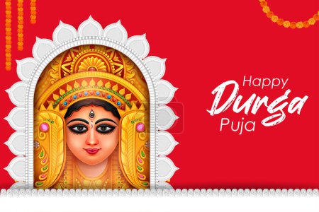 Illustration for Illustration of Goddess Durga Face in Happy Durga Puja Subh Navratri Indian religious festival background - Royalty Free Image