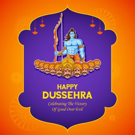 Ilustración de Ilustración del Señor Rama sosteniendo arco y flecha en el festival feliz de Dussehra de fondo de la India - Imagen libre de derechos