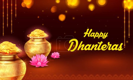 Téléchargez les illustrations : Illustration de pièce d'or en pot pour la célébration Dhantera sur Happy Diwali lumière festival de fond de l'Inde - en licence libre de droit