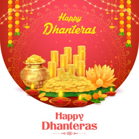 Illustration for Illustration of Gold coin in pot for Dhantera celebration on Happy Diwali light festival of India background - Royalty Free Image