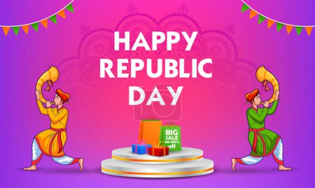 Téléchargez les illustrations : Illustration de bannière tricolore avec drapeau indien pour le 26 janvier Happy Republic Day of India - en licence libre de droit