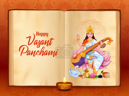 Téléchargez les illustrations : Illustration de Déesse de la Sagesse Saraswati pour Vasant Panchami Inde fond du festival - en licence libre de droit