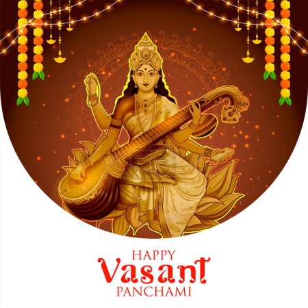 Téléchargez les illustrations : Illustration de Déesse de la Sagesse Saraswati pour Vasant Panchami Inde fond du festival - en licence libre de droit