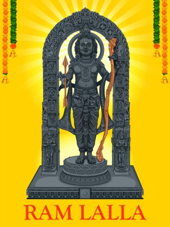 Illustration des religiösen Hintergrunds des Idols von Shri Ram von Janmbhoomi Teerth Kshetra Lord Rama in Ayodhya Geburtsort Lord Rama mit Text in Hindi, der Ram Lalla bedeutet