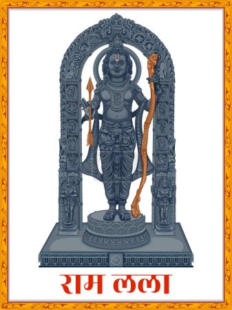 Téléchargez les illustrations : Illustration du fond religieux de l'idole de Shri Ram de Janmbhoomi Teerth Kshetra Lord Rama à Ayodhya lieu de naissance Lord Rama avec le texte en hindi signifiant Ram Lalla - en licence libre de droit