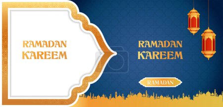 Téléchargez les illustrations : Illustration du Ramadan Kareem Salutations généreuses du Ramadan pour la fête religieuse de l'Islam Aïd avec lampe illuminée - en licence libre de droit