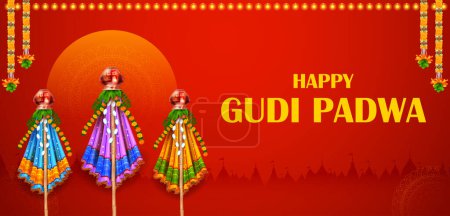 Téléchargez les illustrations : Illustration de la célébration du Nouvel An lunaire Gudi Padwa au Maharashtra en Inde - en licence libre de droit