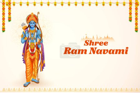 Téléchargez les illustrations : Illustration de Lord Rama avec flèche d'arc avec texte hindi signifiant Shree Ram Navami fond de célébration pour la fête religieuse de l'Inde - en licence libre de droit