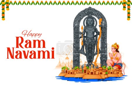 Ilustración de Ilustración del Señor Rama con flecha de arco con texto hindi que significa Shree Ram Navami celebración de fondo para la fiesta religiosa de la India - Imagen libre de derechos