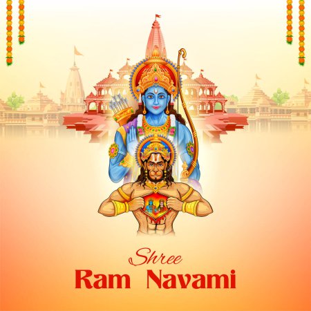Illustration for Illustration of Lord Rama with bow arrow with Hindi text meaning Shree Ram Navami celebration background for religious holiday of India - Royalty Free Image