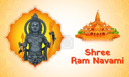 Téléchargez les illustrations : Illustration de Lord Rama avec flèche d'arc avec texte hindi signifiant Shree Ram Navami fond de célébration pour la fête religieuse de l'Inde - en licence libre de droit