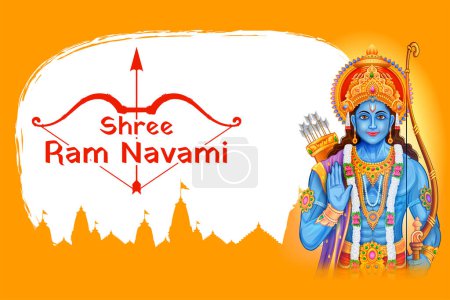Illustration for Illustration of Lord Rama with bow arrow with Hindi text meaning Shree Ram Navami celebration background for religious holiday of India - Royalty Free Image