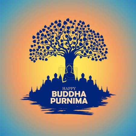 Téléchargez les illustrations : Illustration of Lord Buddha in meditation under Bodhi Tree for Buddhist festival Happy Buddha Purnima Vesak - en licence libre de droit